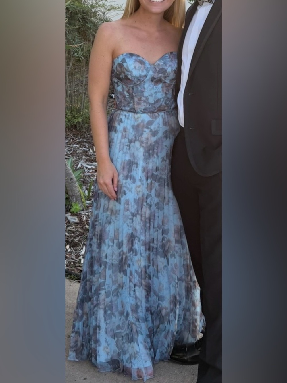 Lulu's Dusty Blue Floral Strapless Pleated Maxi Dress - Picture 3 of 3